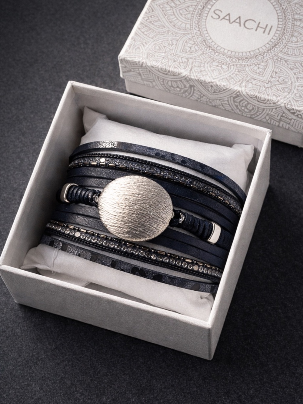Saachi Multi Strand Leather Magnetic Wrap Bracelet NIB Black Silver